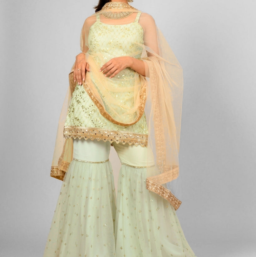 The Saree Room Mint Maya Gharara Suit & Peach Hibiscus Dupatta